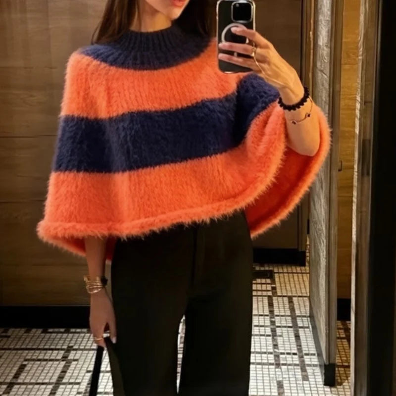AIERTU  -  Y2K Color Block Poncho Sweater Women Mock Neck Loose Batwing Sleeve Fluffy Knit Cape Pullover Casual Oversized Striped Tops Aiertu