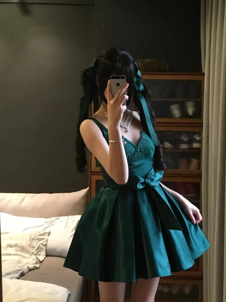AIERTU  -  Lace Suspender Satin Dress Summer New Delicate Bow Waist Pleated Skirt Aiertu