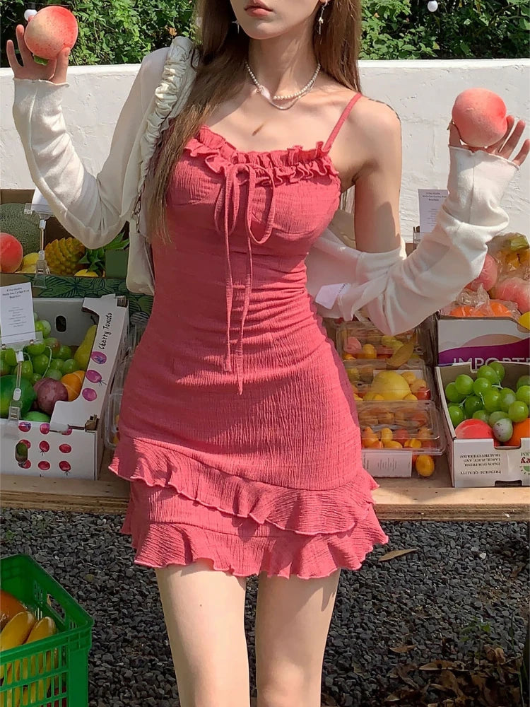Aiertu Summer Woman Korean Fashion Dress Suit Pure Color Short Cardigan Slim Sleeveless Y2k Mini Dress Party Elegant Set Design Chic Aiertu