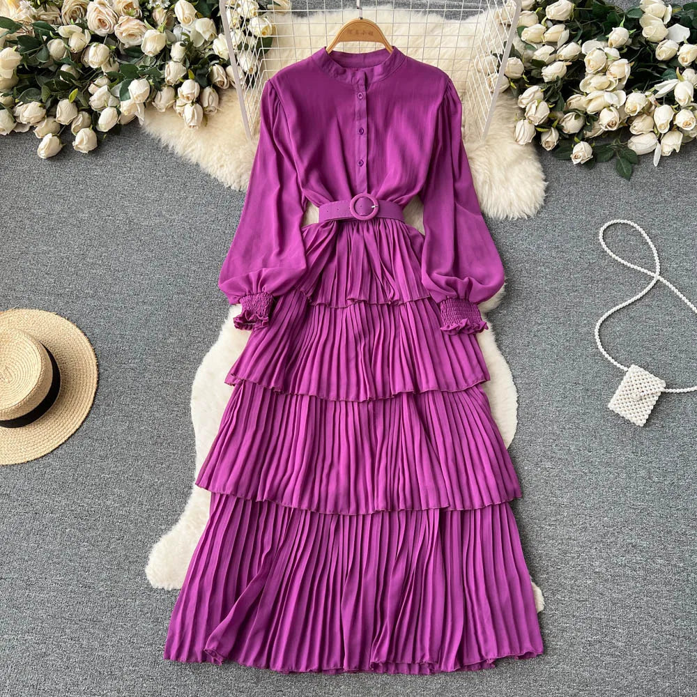 Aiertu Spring French Style Chiffon Long Dress 2023 Long Sleeve Single Breasted Fashion Belt Women A-Line Elegant Party Dress Aiertu