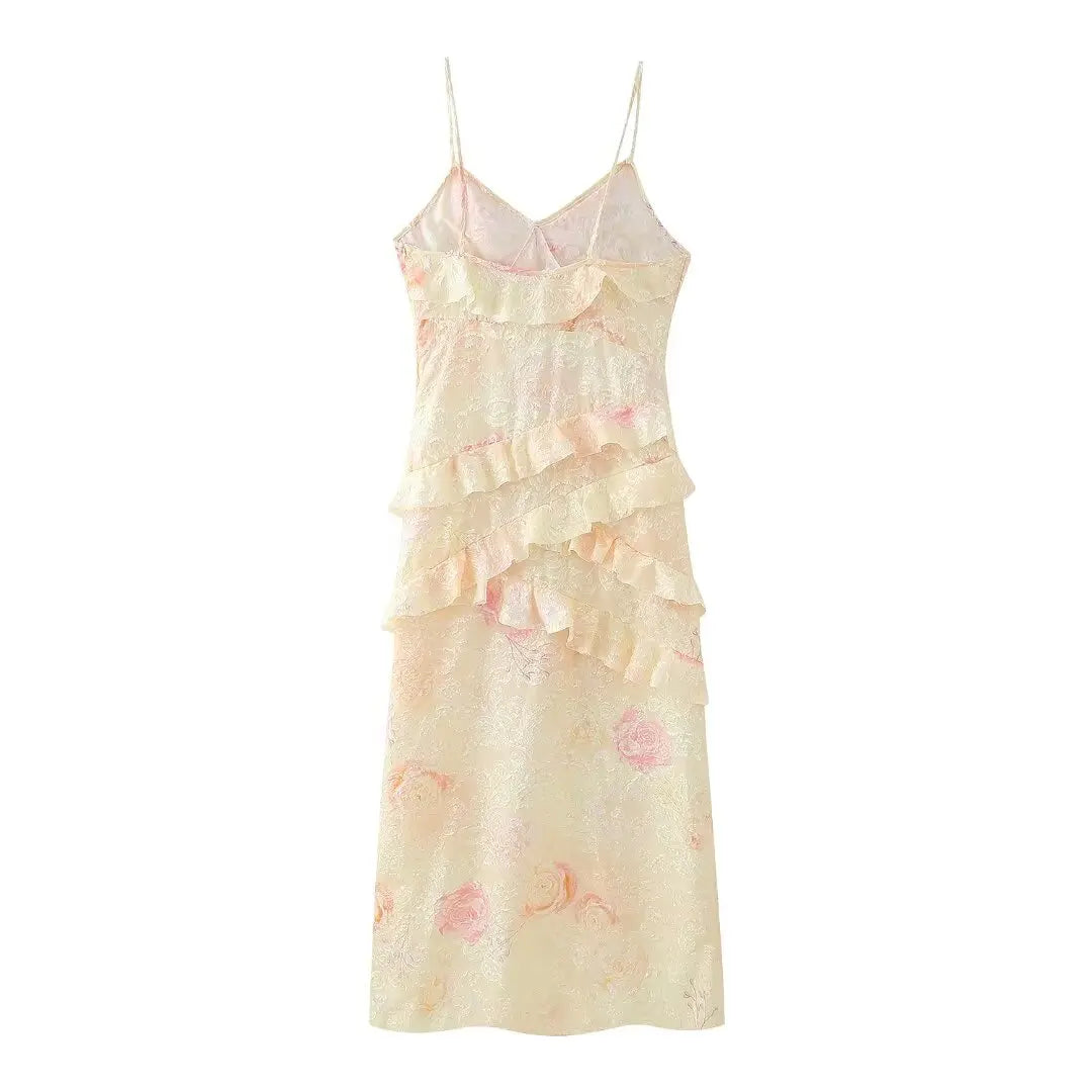 Aiertu 2024 Summer New Women's French Retro V-neck Sleeveless Printed Ruffle Edge Decorative Slim Fit Hanging Strap Dress Aiertu
