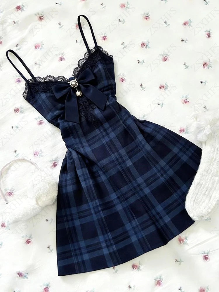 AIERTU  -  Blue plaid Bows Lace Dress Subculture Vintage Streetwear Kawaii Sexy Suspender Checkered Dresses Aesthetic Sweet Y2k Short Dress Aiertu