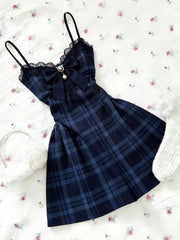AIERTU  -  Blue plaid Bows Lace Dress Subculture Vintage Streetwear Kawaii Sexy Suspender Checkered Dresses Aesthetic Sweet Y2k Short Dress Aiertu
