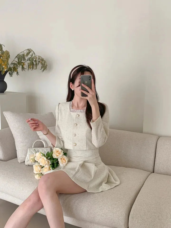 Aiertu High Quality 2024 spring Small Fragrant Two Piece Set Women Outfit Short Jacket Coat + Skirt 2 Piece Sets Conjuntos Cortos Aiertu