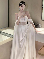 Aiertu Retro White Lace High Waist Off Shoulder Strapless Long Dress Women Sleeveless Backless Pleated Party Evening Dresses Summer New Aiertu