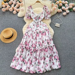 Aiertu  Beach Vacation Floral Print Dress Women Backless Lace Up Cross Bandage Ruched Korean Hotsweet Fashion Party Long Dress Aiertu