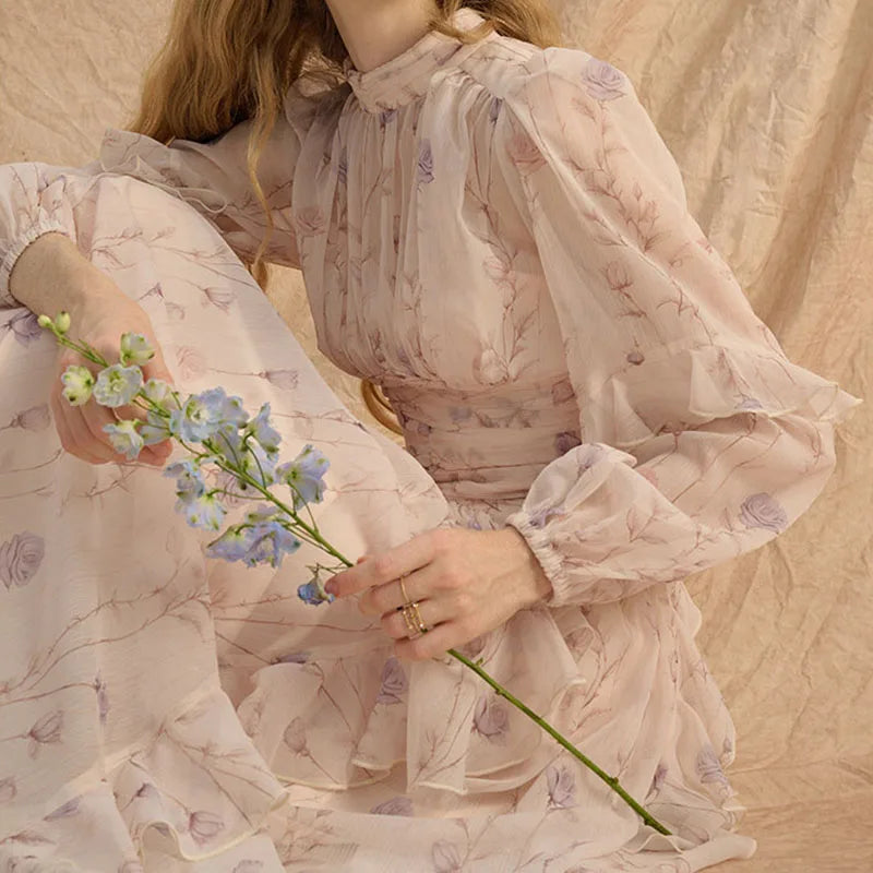 AIERTU  -  Women Long Sleeved Dress A-line Floral Print Pattern Pleated Semi High Neck Elastic Bubble Sleeves Ruffle Edge Design Long Dress Aiertu