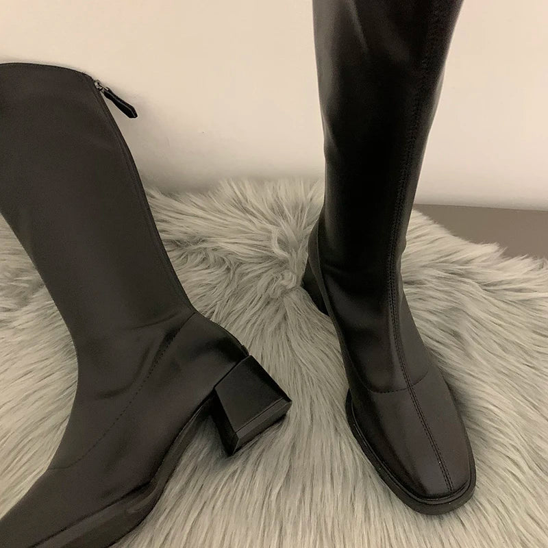 Designer Square Heel Women Knee High Boots Fashion Elegant Back Zippers Shoes Autumn Women's Modern Long Booties Aiertu