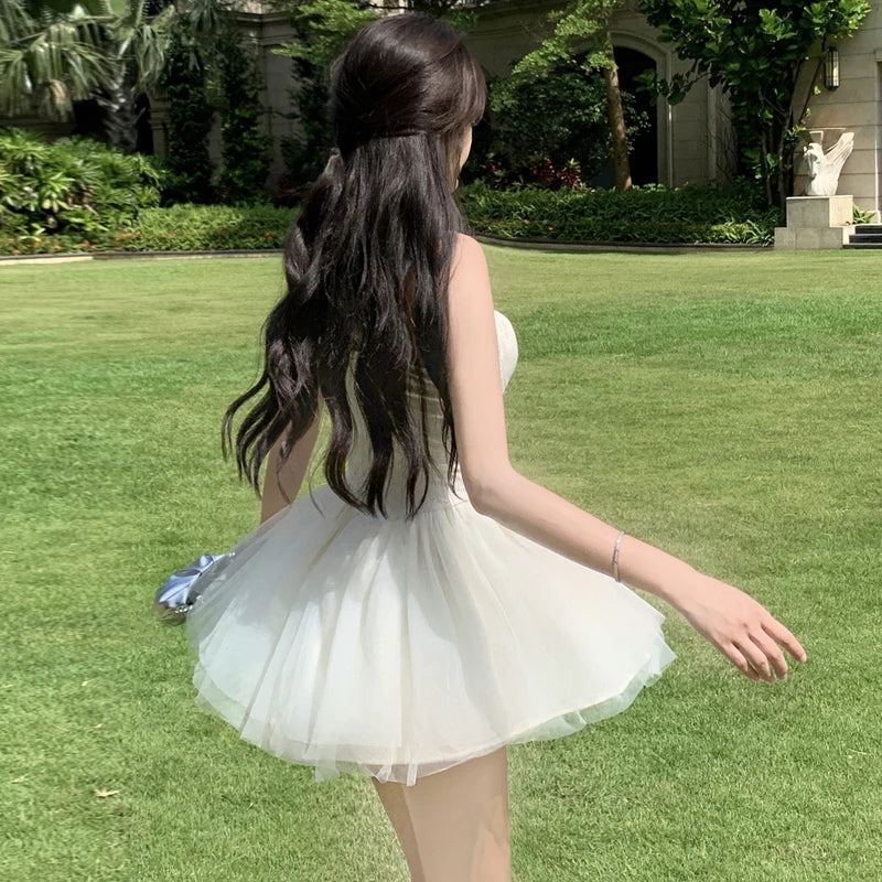 Women Retro Slit V neck Corset Strap Dress Bright Chiffon Spliced Wood ears Ruffle Hem Cake Mini Party Dresses Robe Aiertu