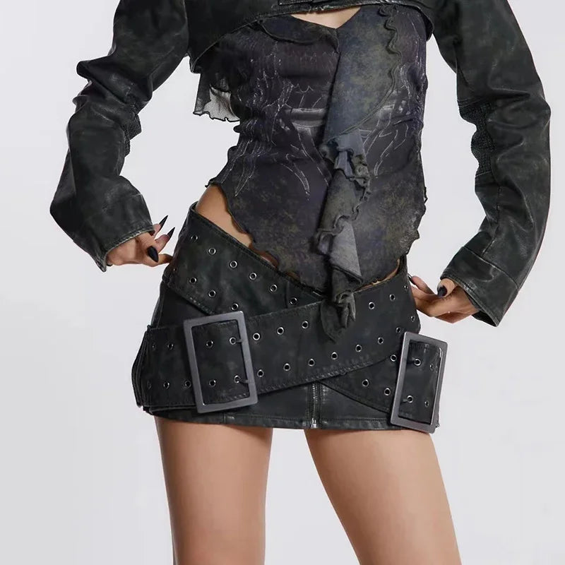 Aiertu 2024 Spring American Grunge Hotsweet Style Solid Color Zipper Skirts Women's Retro Casual High Waist Slim Fit Female Mini Skirt Aiertu