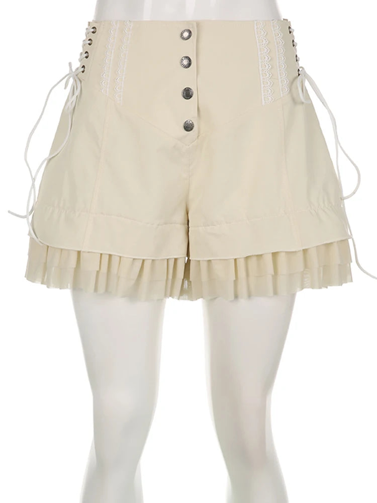 Aiertu  Vintage Sweet Bandage Ruffles Shorts Slim Solid High-Waisted Patchwork Shorts Women Summer Fashion Streetwear Lady Aiertu