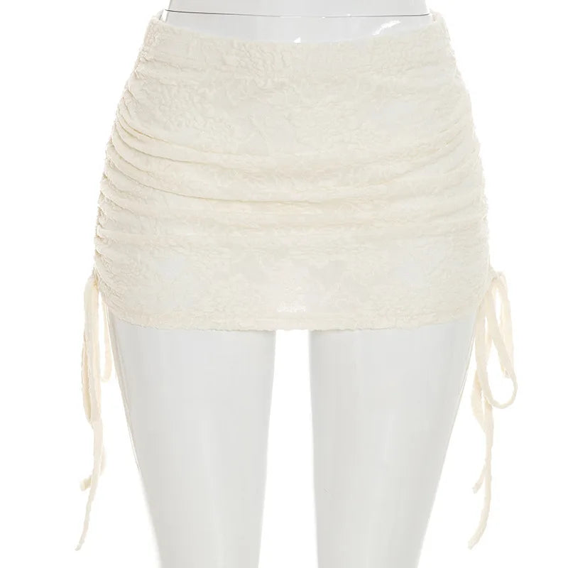 AIERTU  -  Vintage Lace Floral Embroidered Buckle T shirts Ruched Drawstring Sheer Mini Skirts Two Piece Sets for Party Event Summer Aiertu