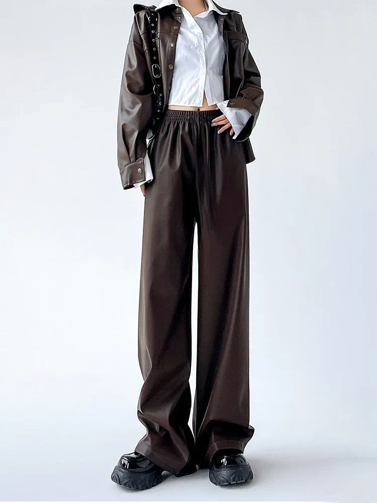 Aiertu Black Wide PU Leather Pants Women Autumn Vintage Elastic High Waist Y2K Harajuku Baggy Straight Trousers Aiertu