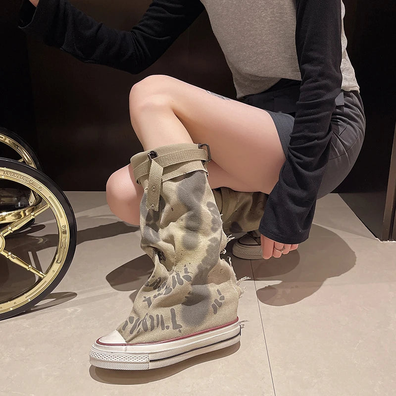 Aiertu Back  to school 2024 Graffiti High Top Canvas Shoes Women's Spring Boots Wide Barrel Mid Barrel Boots New Trouser Barrel Stacking Boots Aiertu