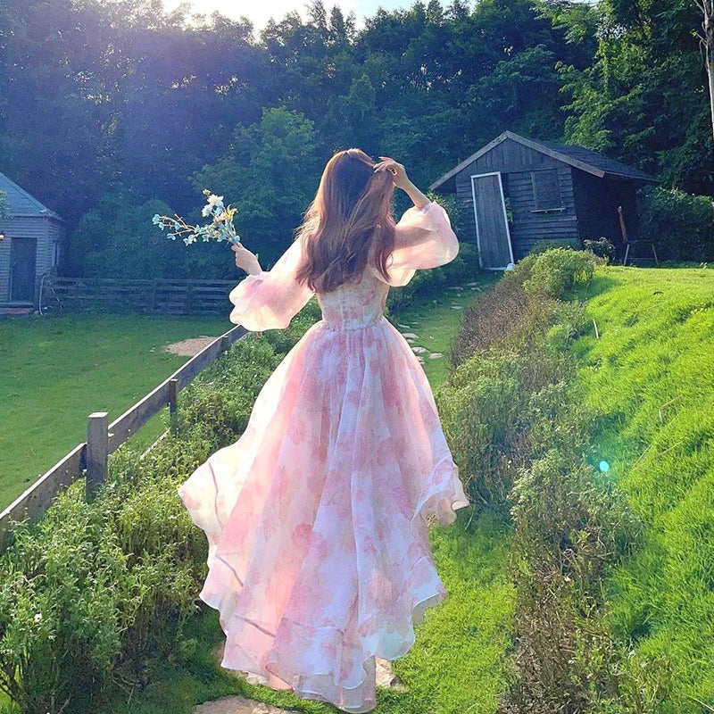 Aiertu Vintage Floral Sweet Midi Dress Women Irregular Elegant Puff Sleeve Fairy Dress Female Autumn Casual Beach Party Dress Chic Aiertu