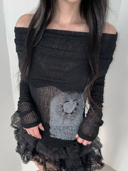 See Through Dark Printed T Shirt Casual Slash Neck Long Sleeve Tees Women Autumn Spring Fashion Streetwear Ladies Aiertu