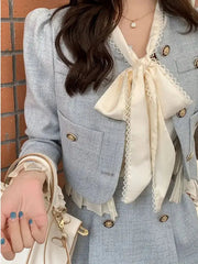Aiertu Suit Short Long-Sleeved Jacket + Skirt Little Fragrance Blue 2024 Fall Two Piece Sets For Women Royal Sister Sense Of Luxury Aiertu