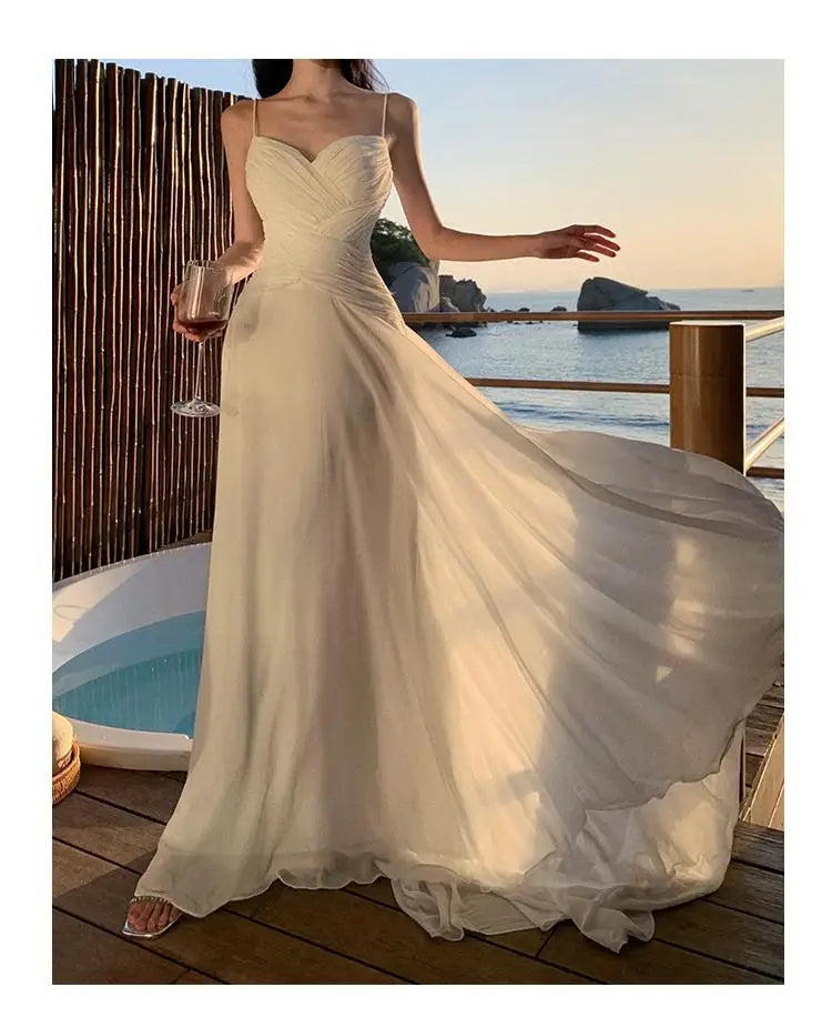 Aiertu French Women White Sexy Club Elegant Backless Birthday Party Maxi Dress Summer Fairy Long Evening Dress Bridesmaids Pleated Robe Aiertu