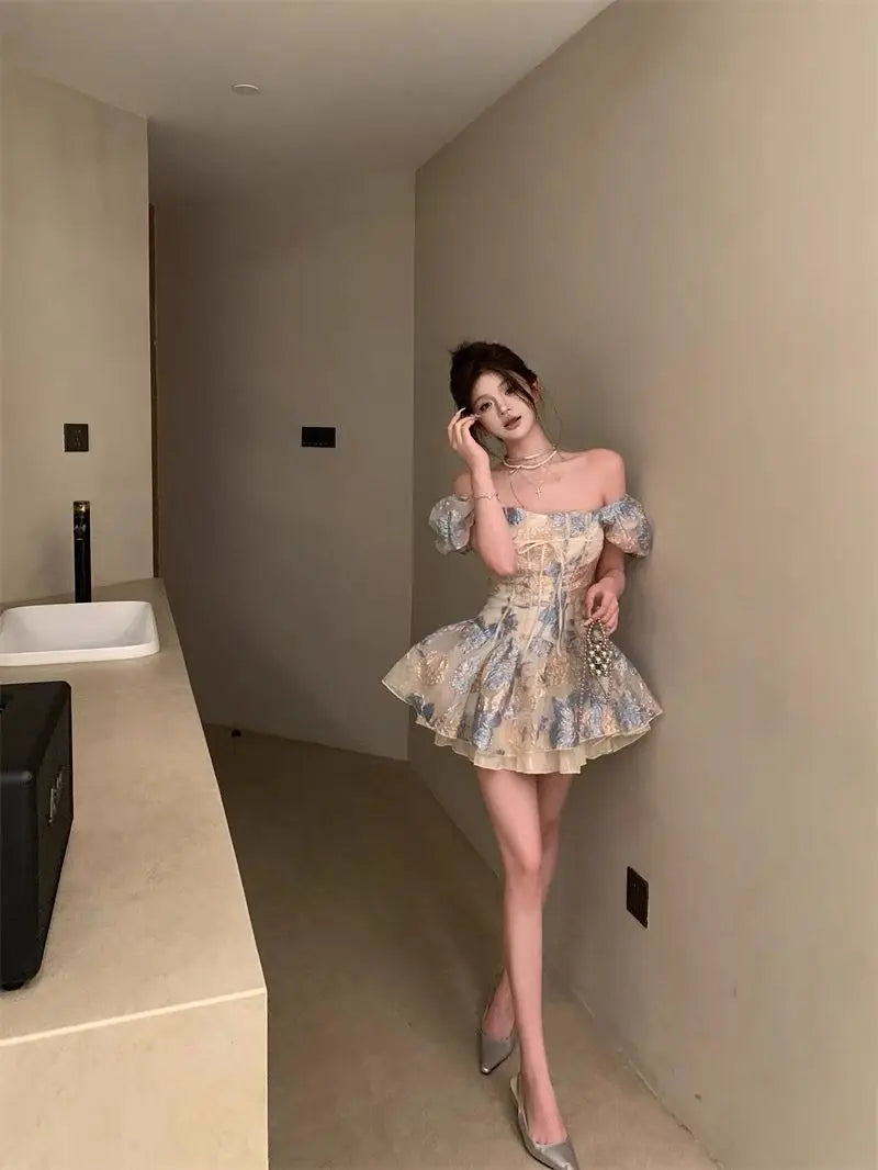 Aiertu French Style Elegant Dresses Socialite Jacquard One Shoulder Short Sleeved Dress Summer Waistband A-line Fluffy Vestido Aiertu
