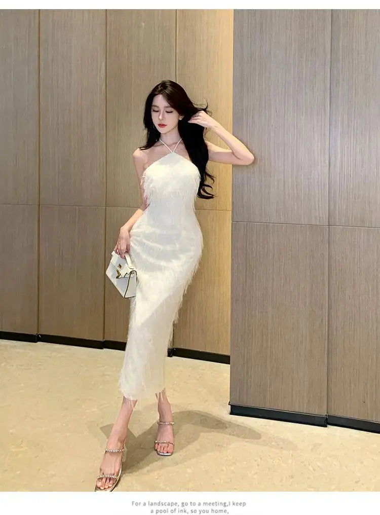 Aiertu White Halter Tassel Bandage Dress Women Summer Backless Sexy Club Dress Luxury Elegant Temperament Party Evening Dresses Aiertu