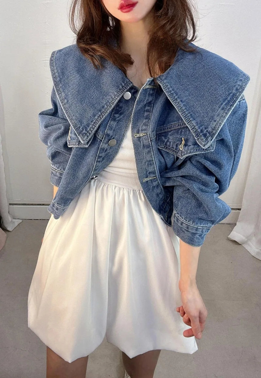 AIERTU  -  Autumn Korean Denim Jacket Women Big Peter Pan Collar Single Breasted Loose Short Jean Coat Sweet Casual Solid Outerwear Aiertu