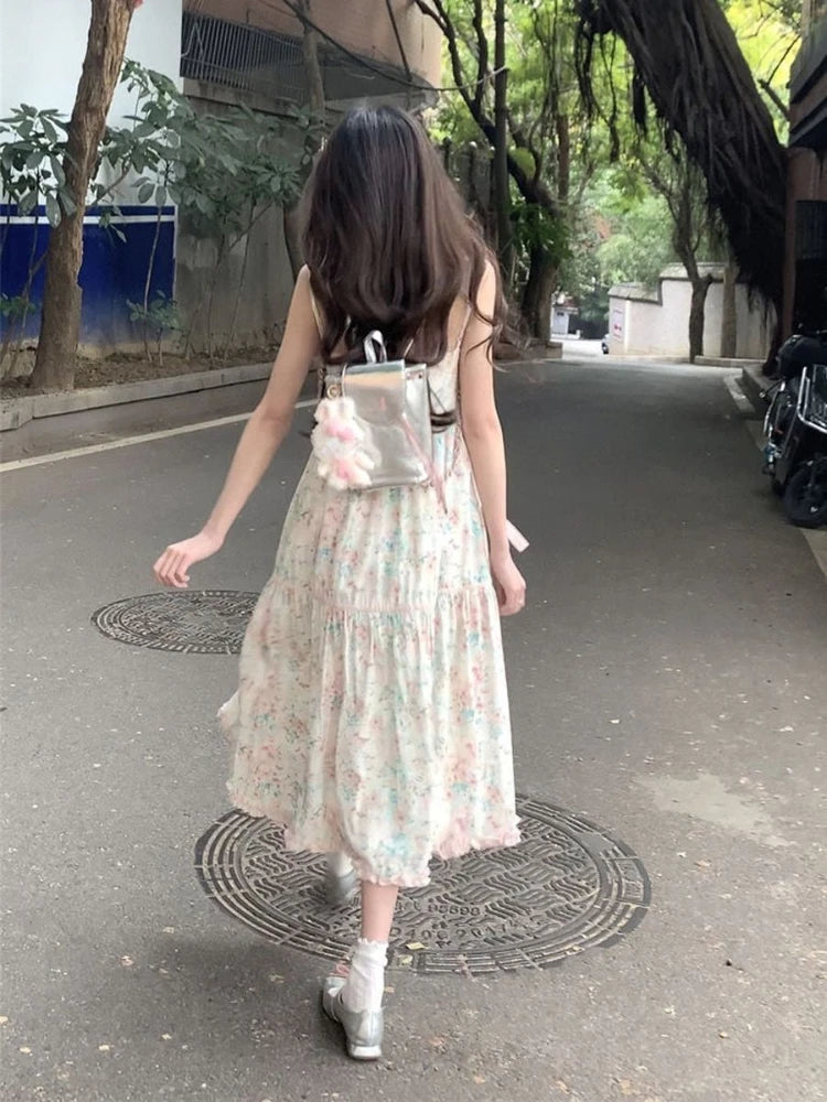 Aiertu 2024 Summer New Japanese Kawaii Y2k Midi Dress Women Casual Sweet Bow Splicing Flower Print Dress Korean Fashion Evening Party Aiertu