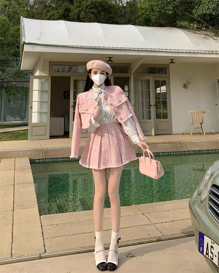 Aiertu High Quality Fashion Tassel Design Small Fragrance 2 Piece Sets Women Outfit Long Sleeve Short Jacket Coat + Pleated Skirt Suits Aiertu