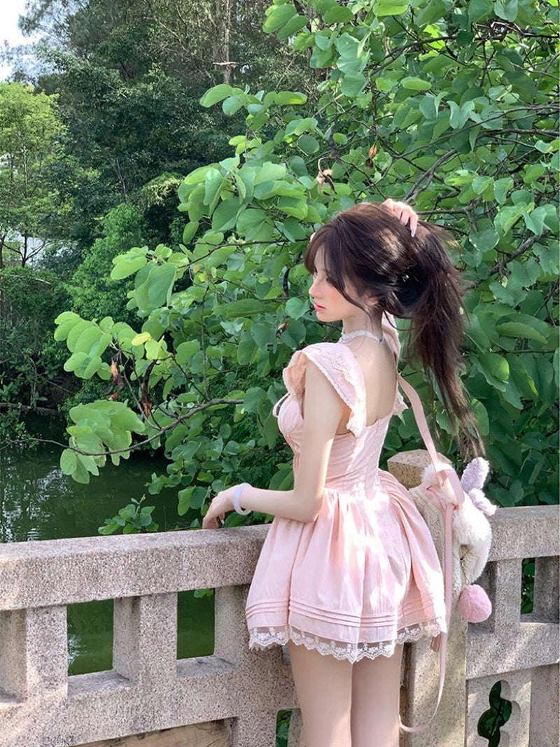 AIERTU  -  Kawaii Pink Mini Dress Women Party Cutecore Lace Patchwork Dresses Summer Japanese Fashion Flying Sleeve Bodycon A Line Vestidos Aiertu