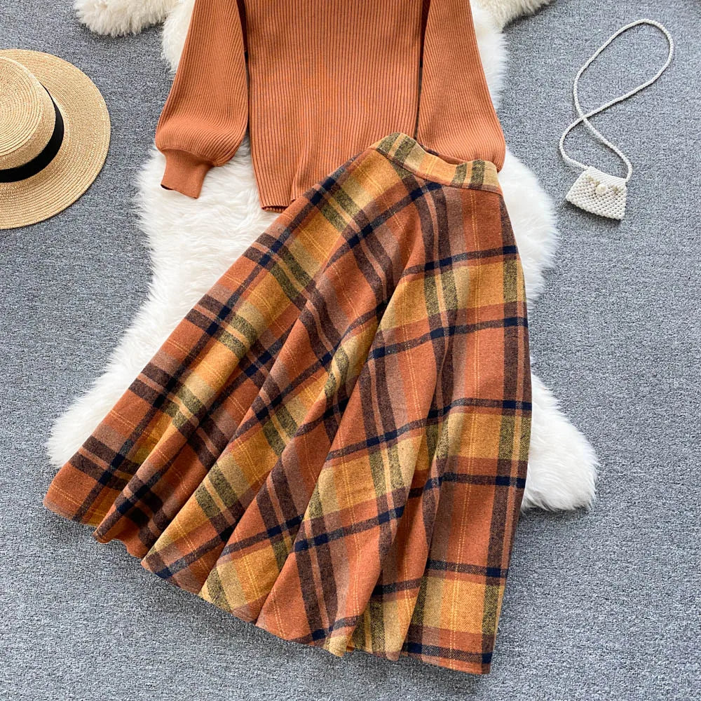 Aiertu  Women Retro Sweater Suits Fashion Lantern Sleeve Sheath Knitted Top+Elastic Loose Long Skirt Two Pieces Sets Aiertu