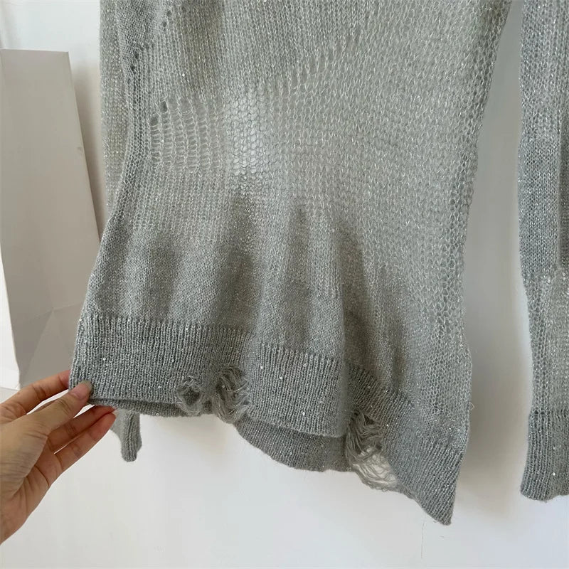 Aiertu Women's Pullover Knitted Torn Sweater Harajuku Long Sleeve Knit Jumper Sweaters Korean Y2k 2000s 90s Aesthetic Vintage Clothes Aiertu