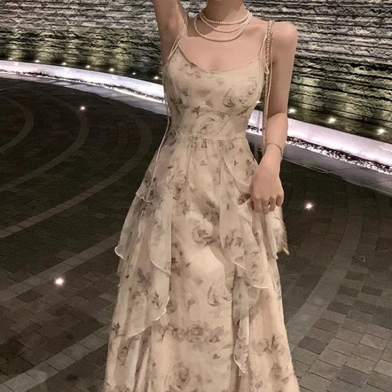 Aiertu Elegant Holiday Dresses for Women Long Floral Chiffon Midi Dress Sleeveless Vintage Dress Fairy Slim Party Casual aiertu