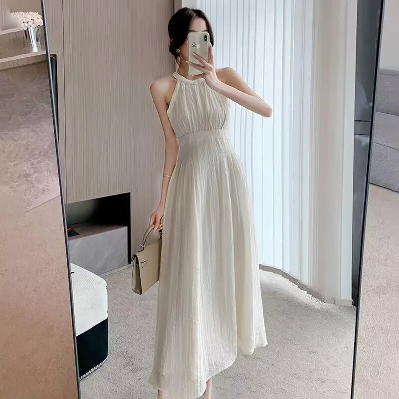 Aiertu Summer Halter Chiffon Bandage Long Dress Casual Dresses Blue Sexy Strapless New Pleated Sundress Vacation Clothes For Women Aiertu