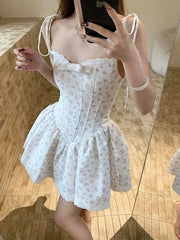 AIERTU  -  French Sweet Floral Suspender Lace Dress Female Summer New Fashion Vintage Casual Waist Bow Fluffy Short Dresses Women Aiertu