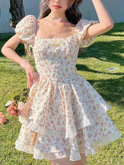 Aiertu Flower Print Kawaii Sweet Dress Women Hollow Out French Vintage Mini Dress Female Butterfly-knot Korean Designer Dress New Aiertu