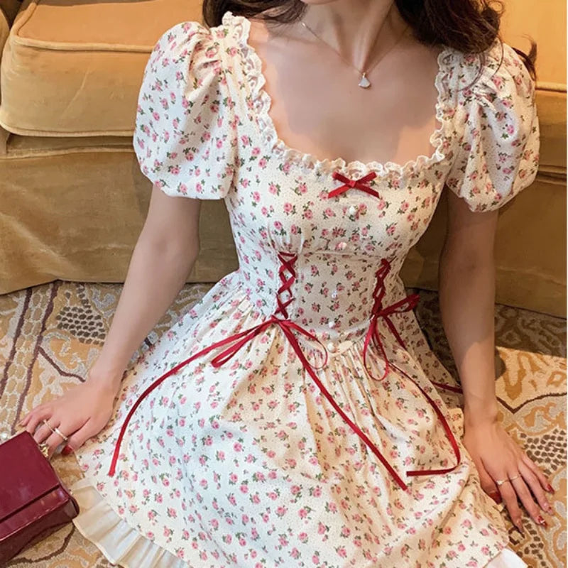 Aiertu Cute Florals Dress Women Vintage Cottagecore Y2k Puff Sleeve Square Collar Lace-up High Waist Corset Dress Female Aiertu