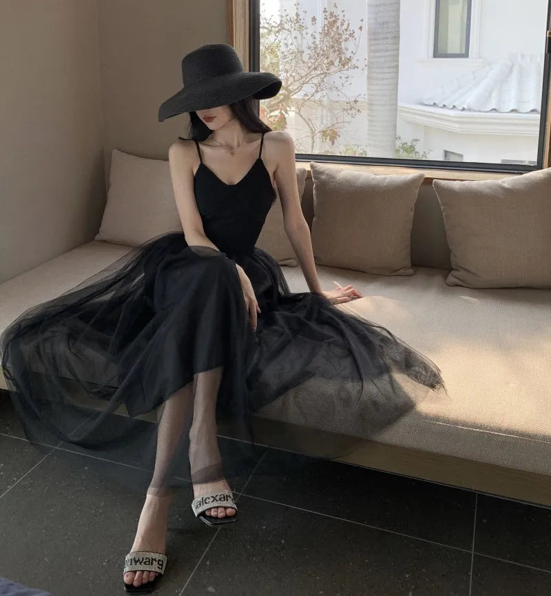 Aiertu Sleeveless Dress Women Mesh Long A-line Black Retro Elegant V Neck Fairy Sexy Pleated Sundress Summer Evening Party Ball Gown Aiertu