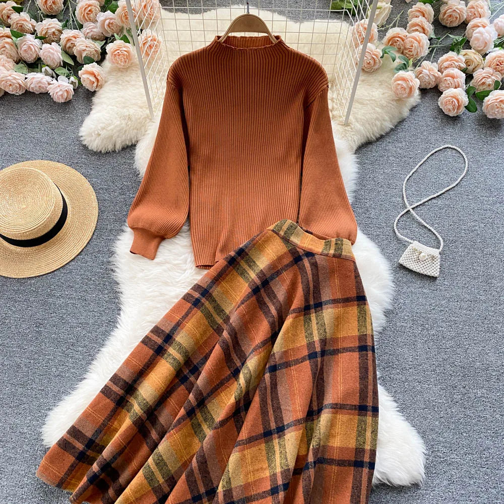 Aiertu  Women Retro Sweater Suits Fashion Lantern Sleeve Sheath Knitted Top+Elastic Loose Long Skirt Two Pieces Sets Aiertu