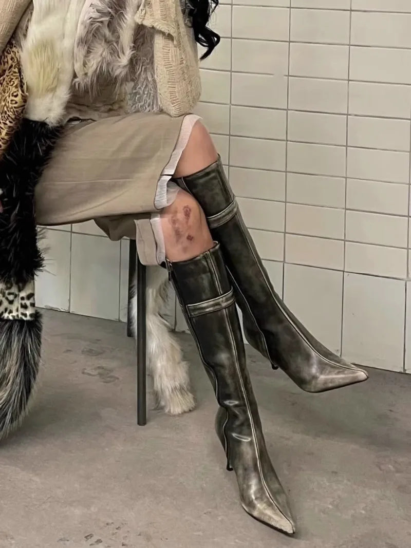 AIERTU  -  Retro Women's Shoes Luxury Genuine Leather Knee High Boots for Woman French Pointed High Heeled Boots Designer Shoes Botas Mujer Aiertu