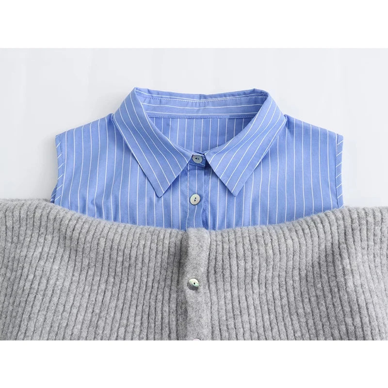 Aiertu Women Open Design Patchwork Cardigan Vintage Lapel Collar Long Sleeve Female Crop Knitwear Aiertu