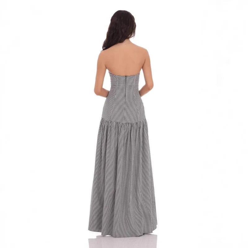 AIERTU  -  Pink Elegant Maxi Long Dresses Pleated Ruched Off Shoulder Women A-Line Party Vintage Gingham High Street  Slash Sexy Summer Aiertu