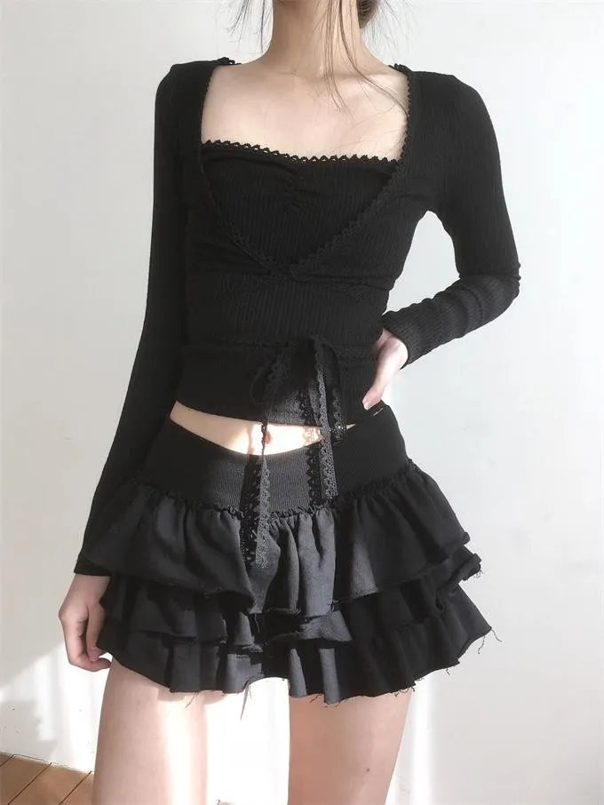 Aiertu Harajuku Y2k Lolita Mini Cake Skirt Soft Girl low Waist Ruffle Fluffy Fairy Skirts Summer Kawaii Cute Elegant Short Skirt Black Aiertu