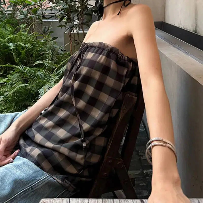 AIERTU  -  Checkered Lace Up Strapless Vest Backless Pure Cotton Drawstring Top Women Retro Sexy Loose And Personality Fashionable Casual Aiertu