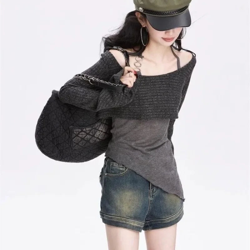 Y2k Off Shoulder Knitted Women T-shirts Set Sexy Korean Style Asymmetric Halter Tops Gyaru Crop Long Sleeve Autumn Tees Aiertu