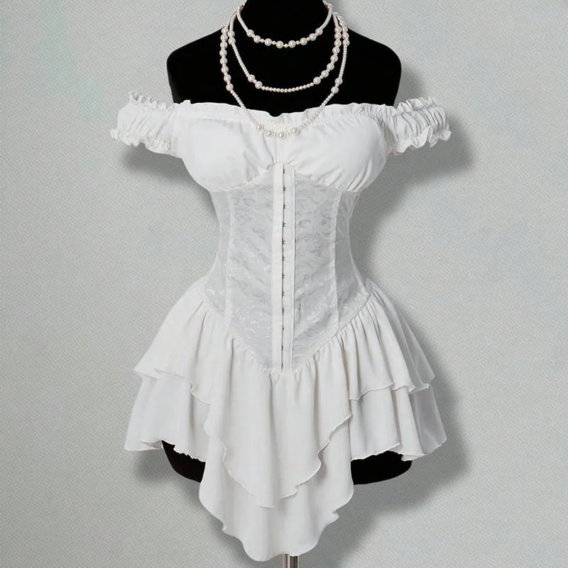 AIERTU  -  Women Dress A-line Lace Splicing Multi-layer Ruffle Edge Short Sleeve Off Shoulder High Waist Slim Solid Color Simple Mini Dress Aiertu