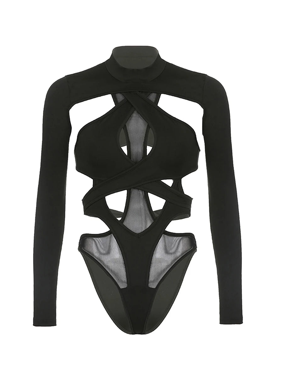 AIERTU  -  Women Slim Jumpsuit Long Sleeve Mock Neck Sheer Mesh Leotard Top Cut Out Bodysuit Rave Party Club Skinny Crop Top Female Outfit Aiertu