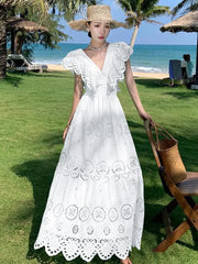 Aiertu White Daisy Flower Embroidery Hollow Out Fly Sleeves Dress Women Summer V Neck Ladies Elegant Fashion Ruffles Fairy Long Dresses Aiertu