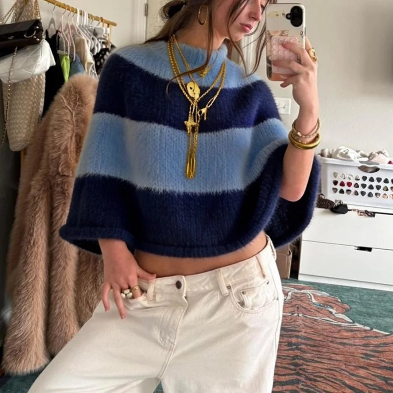 AIERTU  -  Y2K Color Block Poncho Sweater Women Mock Neck Loose Batwing Sleeve Fluffy Knit Cape Pullover Casual Oversized Striped Tops Aiertu