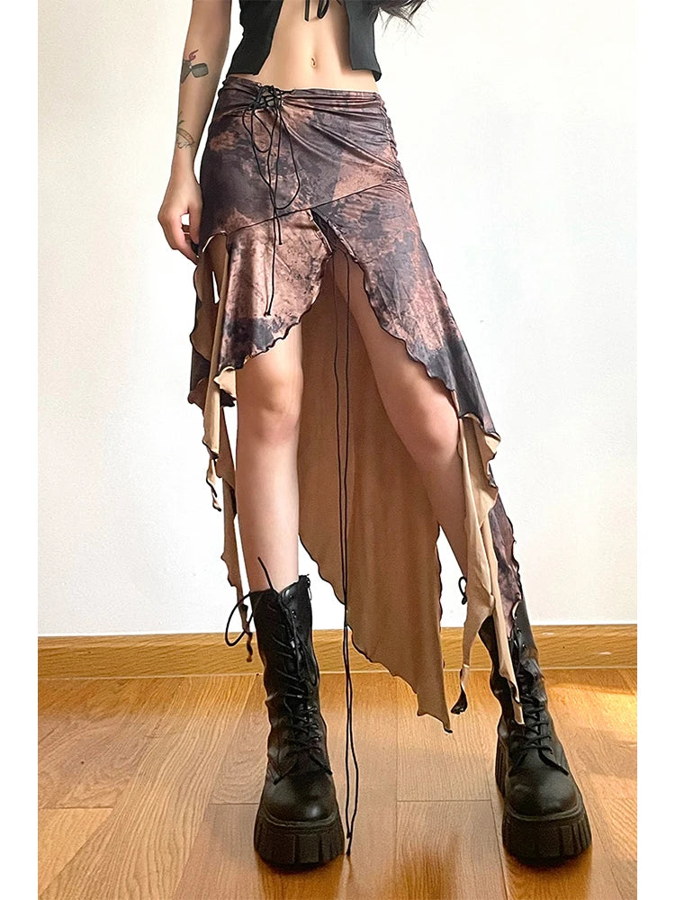 Aiertu Women's Irregular Skirt Harajuku Y2k Vintage Long Brown Skirts 90s Aesthetic Korean A-Line Skirt Emo 2000s Trashy Clothes 2024 Aiertu