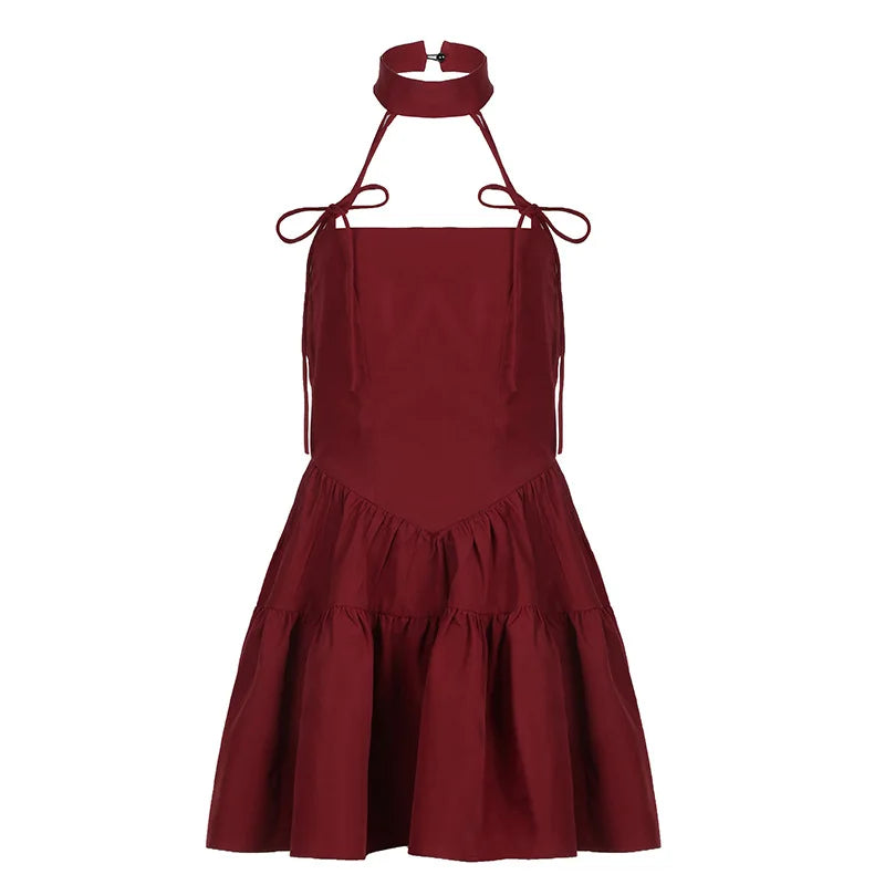 French Vintage Red Bow Tie Halter Neck Dress, Waist Slimming A-Line Puff Strap Mini Dress for Women Aiertu