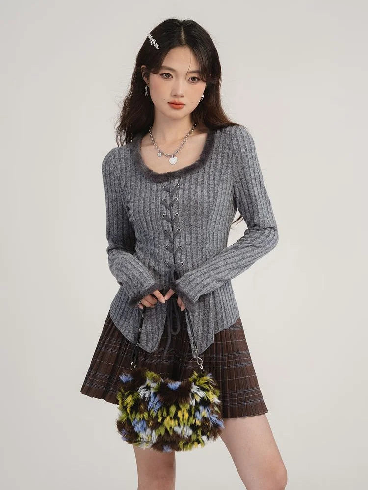 Aiertu Bandage Drawstring Knitted Cardigan Women Autumn Winter Vintage Split Cardigans Korean Fashion Y2k Sweaters Bottoming Shirt Top Aiertu